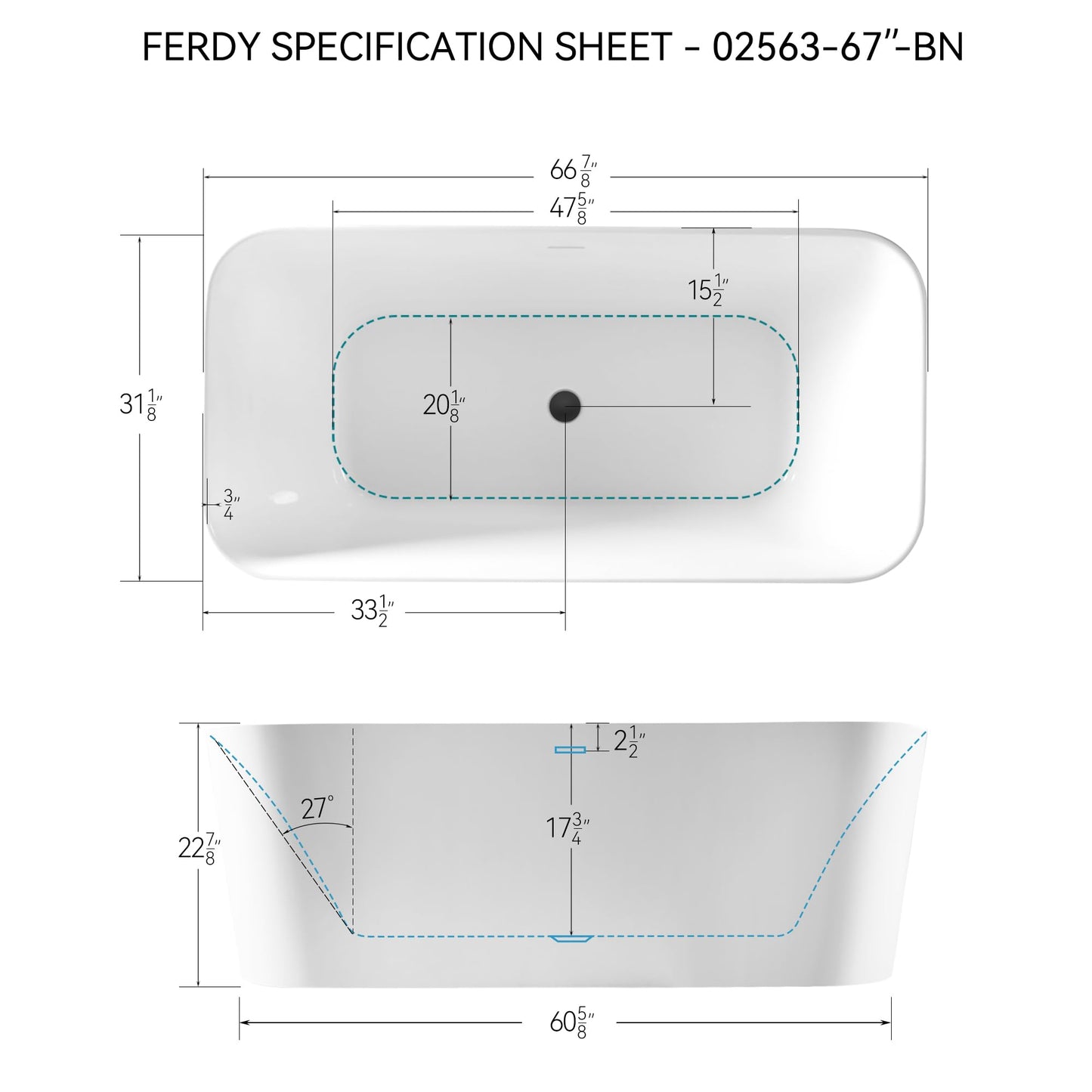 67" FerdY Maui Acrylic Tub
