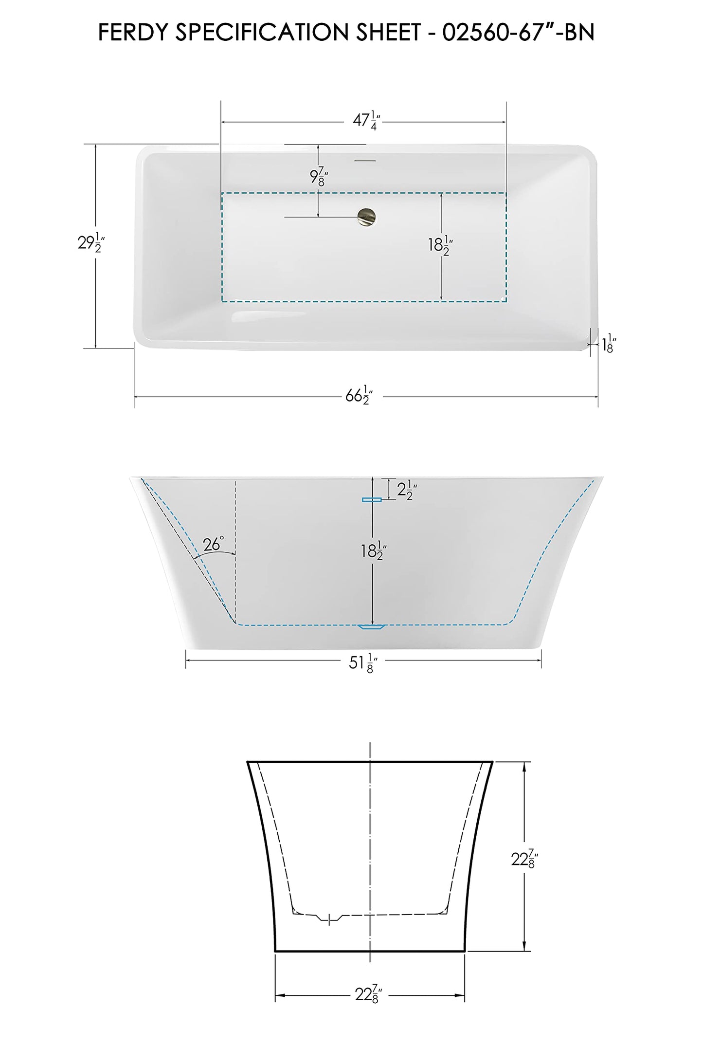67" FerdY Maui Acrylic Tub
