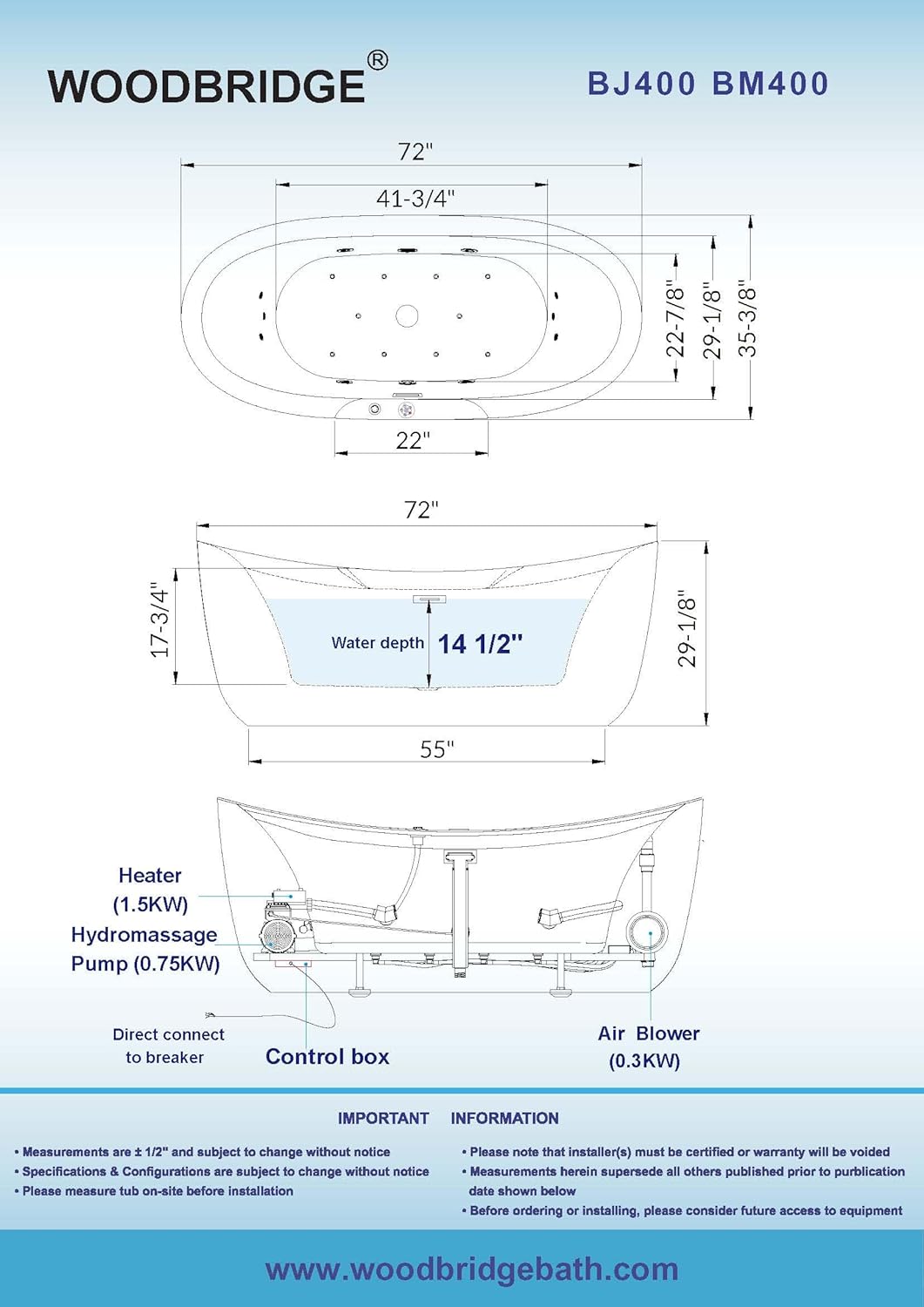 72" WOODBRIDGE Whirlpool Tub