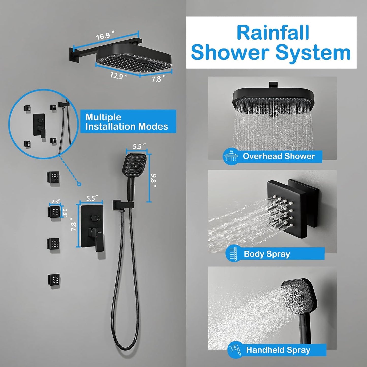12" Rain Shower – Matte Black