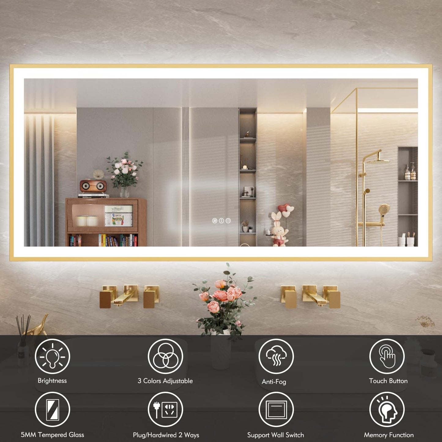 72x32 Gold LED Bathroom Mirror