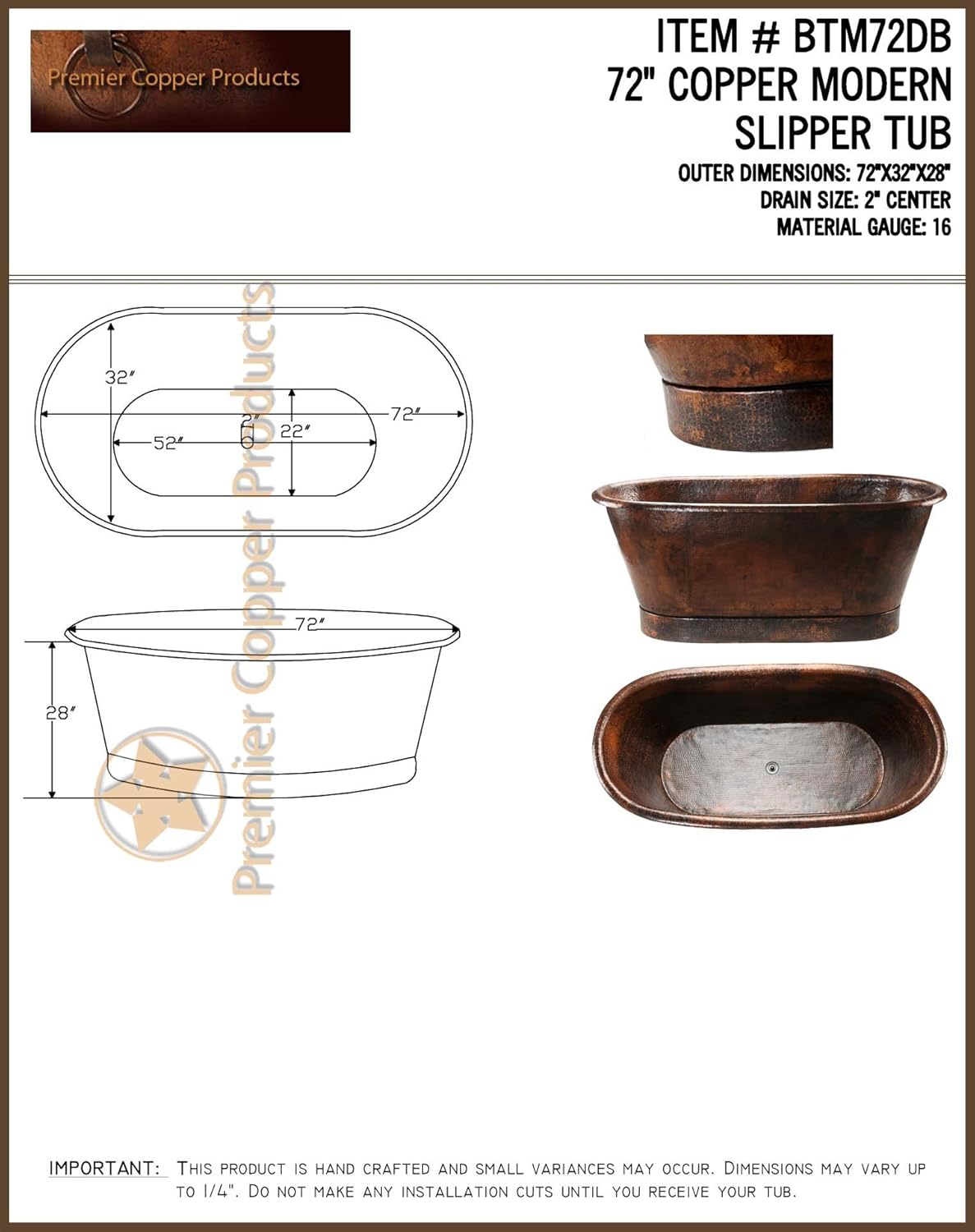 72" Hammered Copper Bathtub