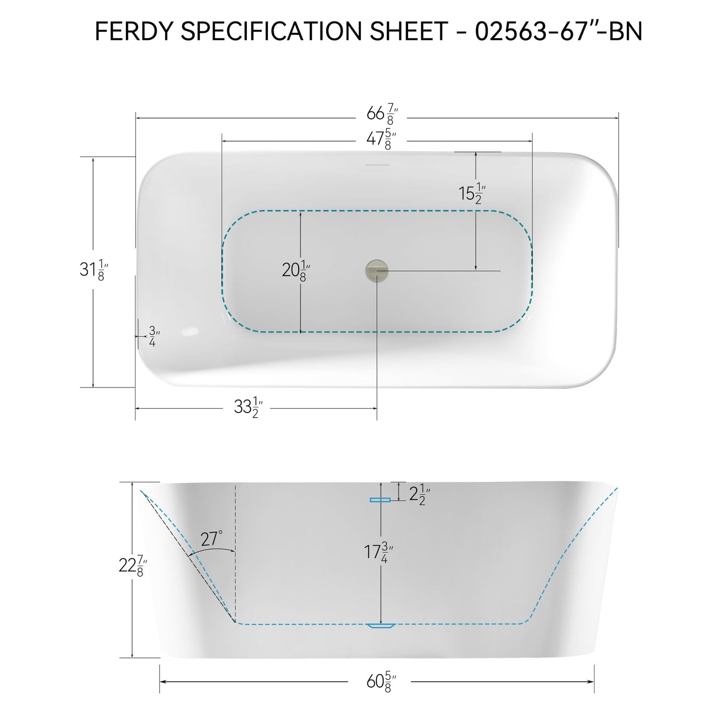 67" FerdY Maui Acrylic Tub