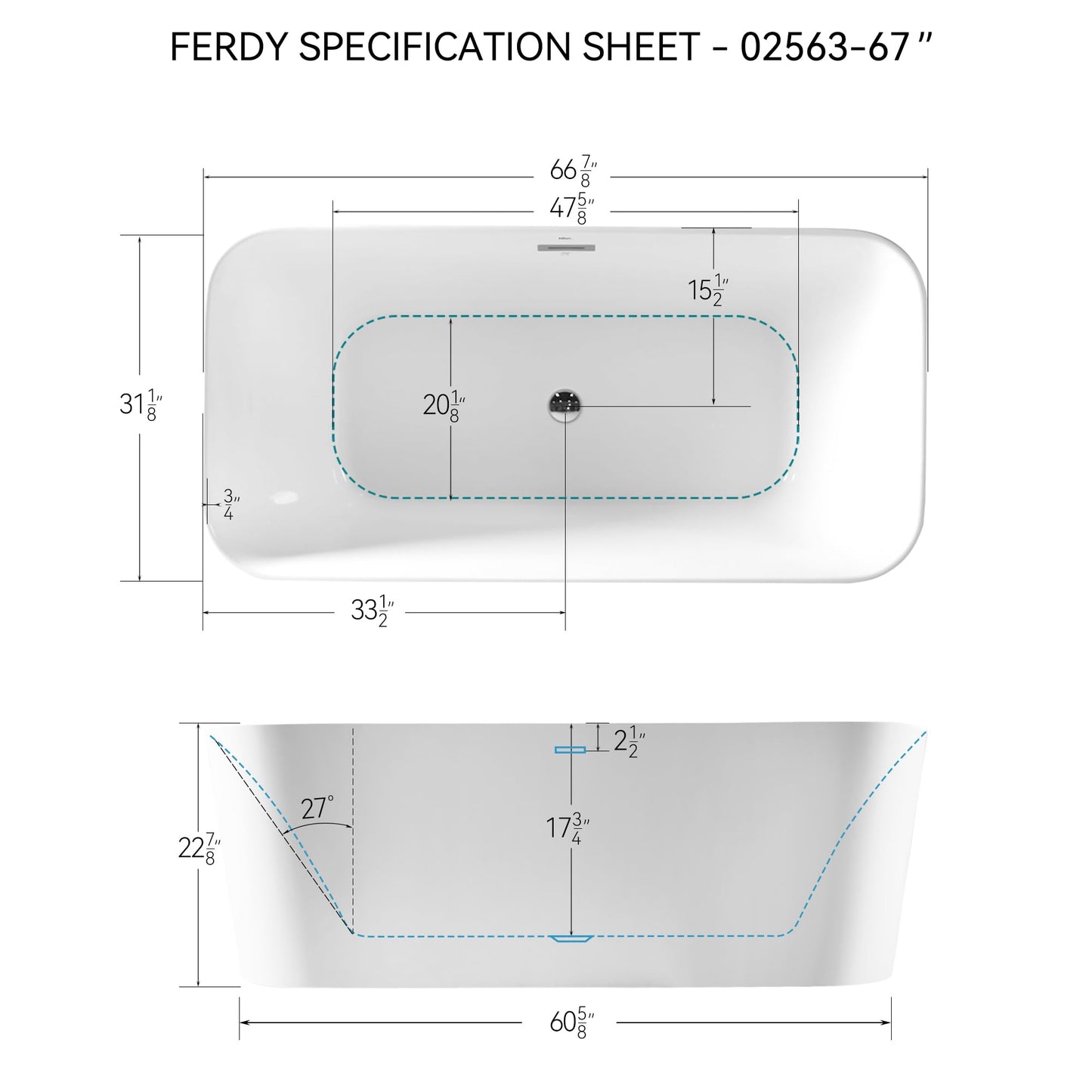67" FerdY Maui Acrylic Tub