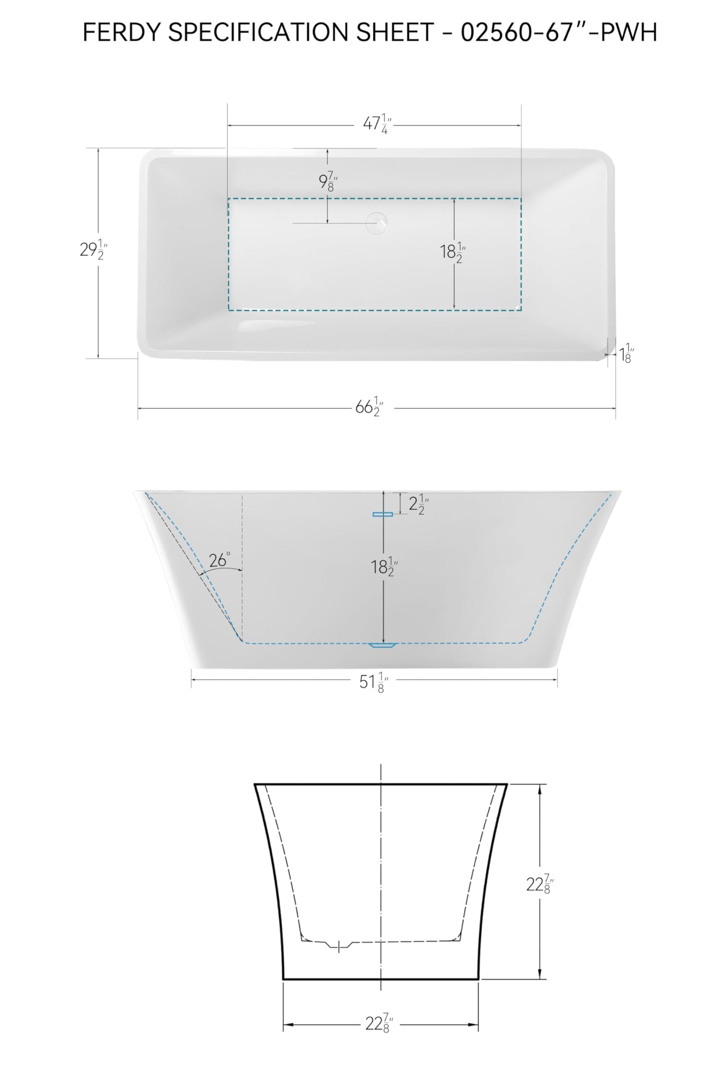 67" FerdY Maui Acrylic Tub