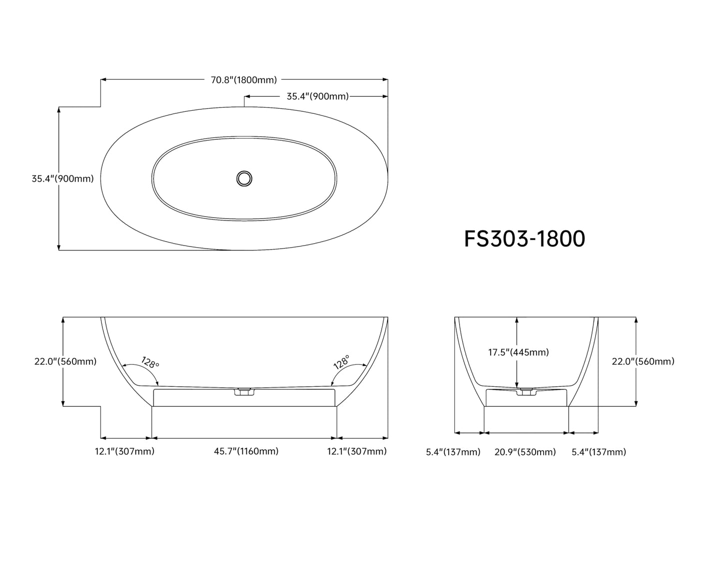 71" Stone Bathtub - Grey