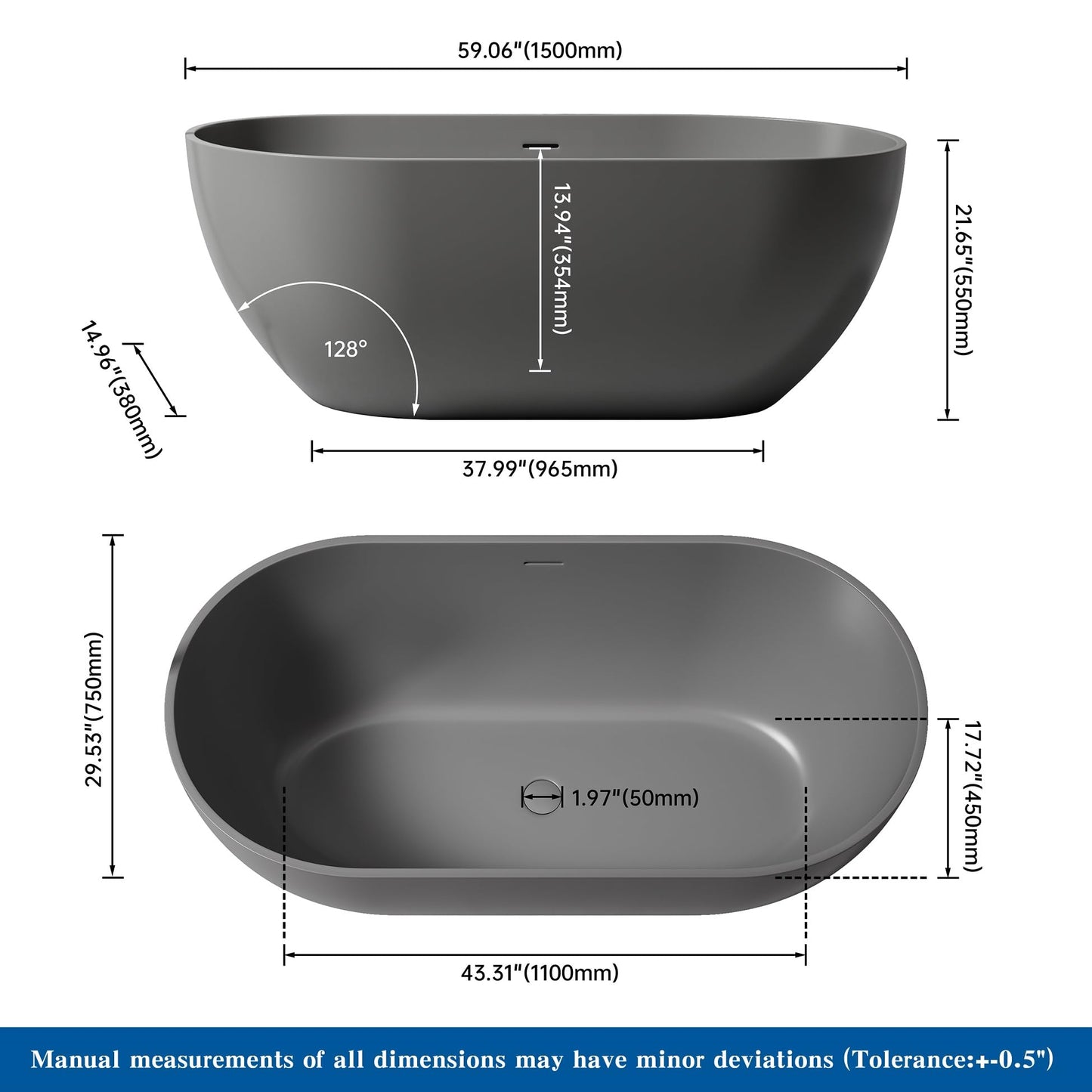 65" Solid Surface Tub - Cream