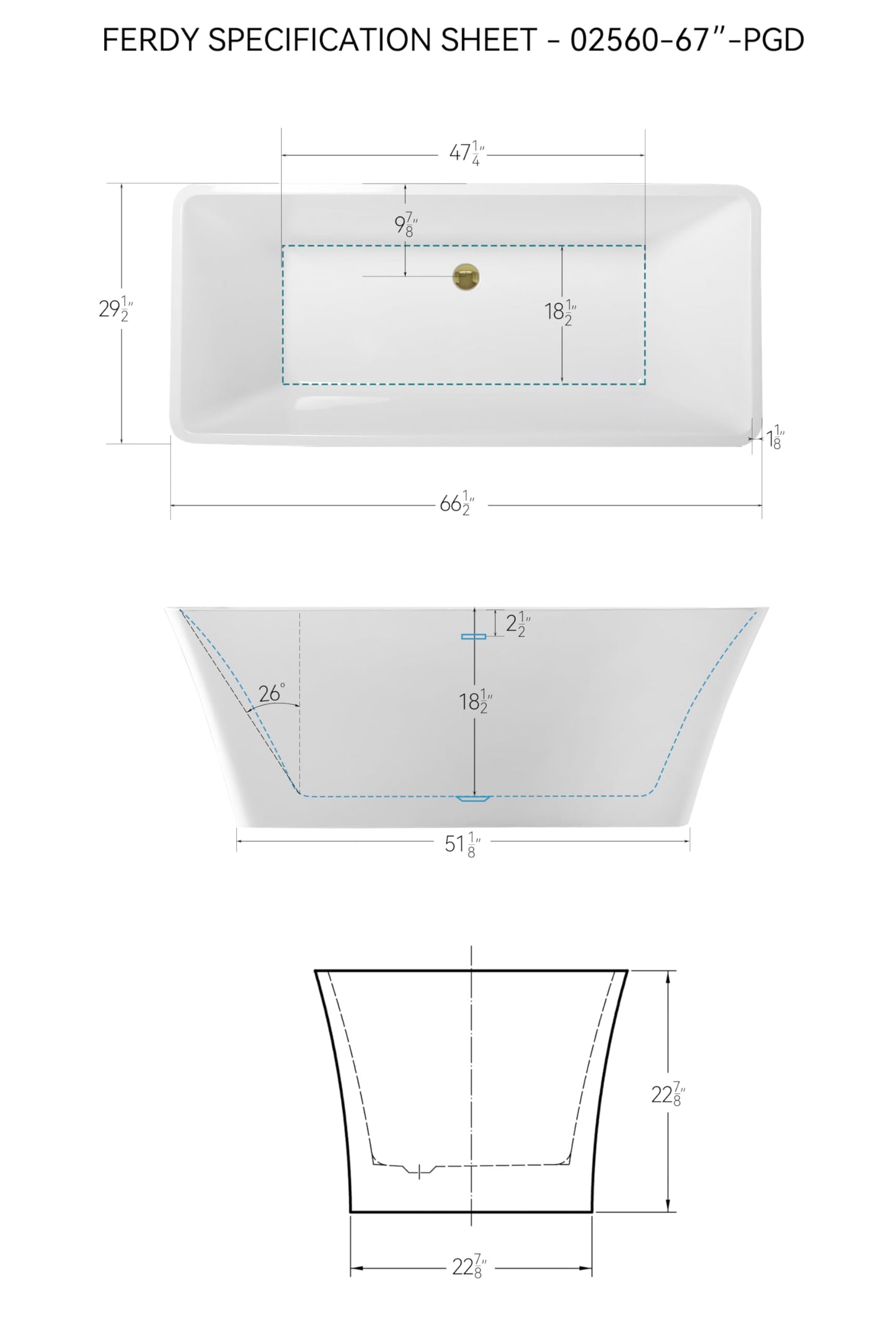 67" FerdY Maui Acrylic Tub