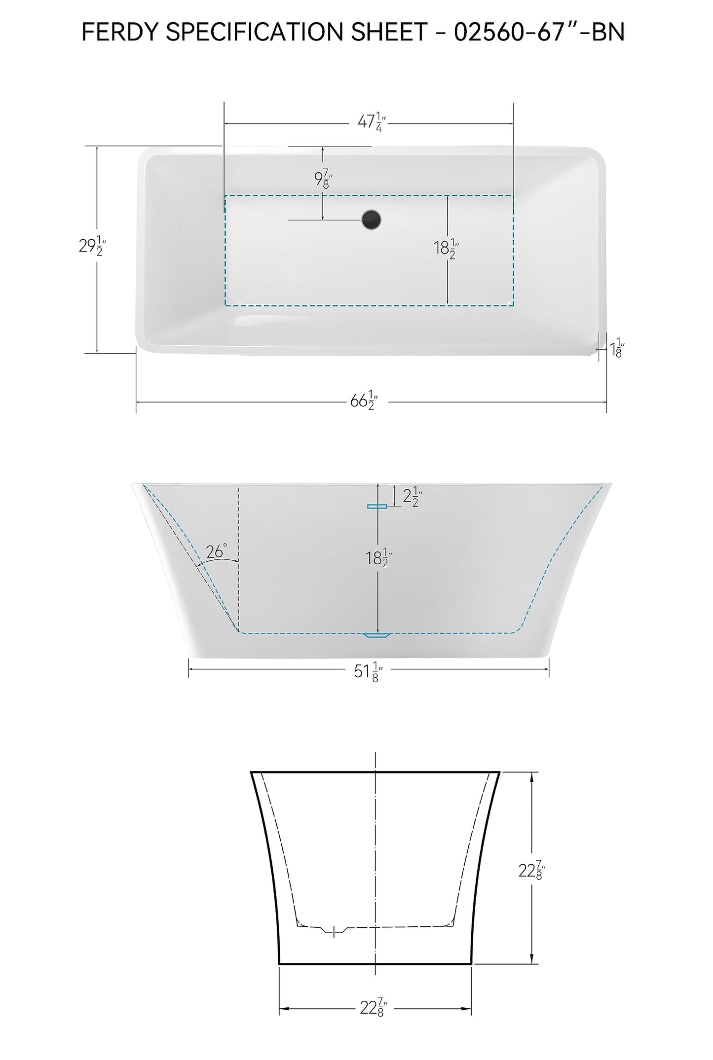 67" FerdY Maui Acrylic Tub