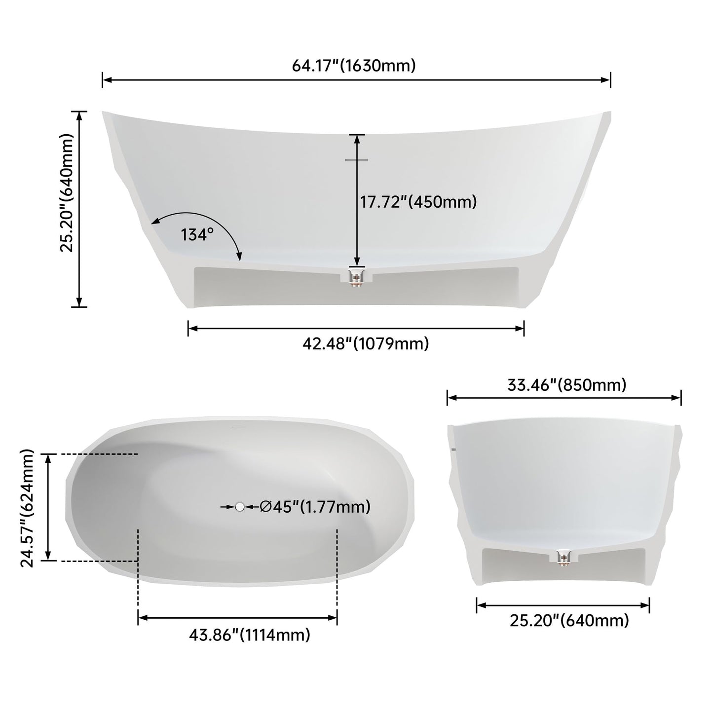 65" Solid Surface Tub - Cream