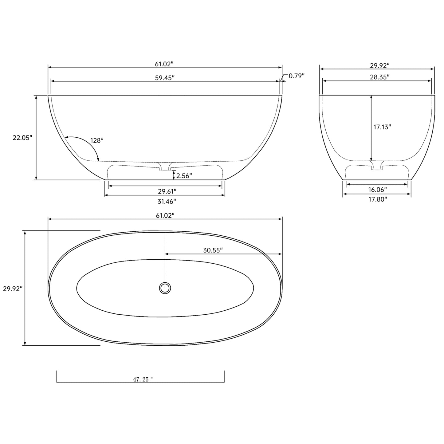 71" Stone Bathtub - Grey