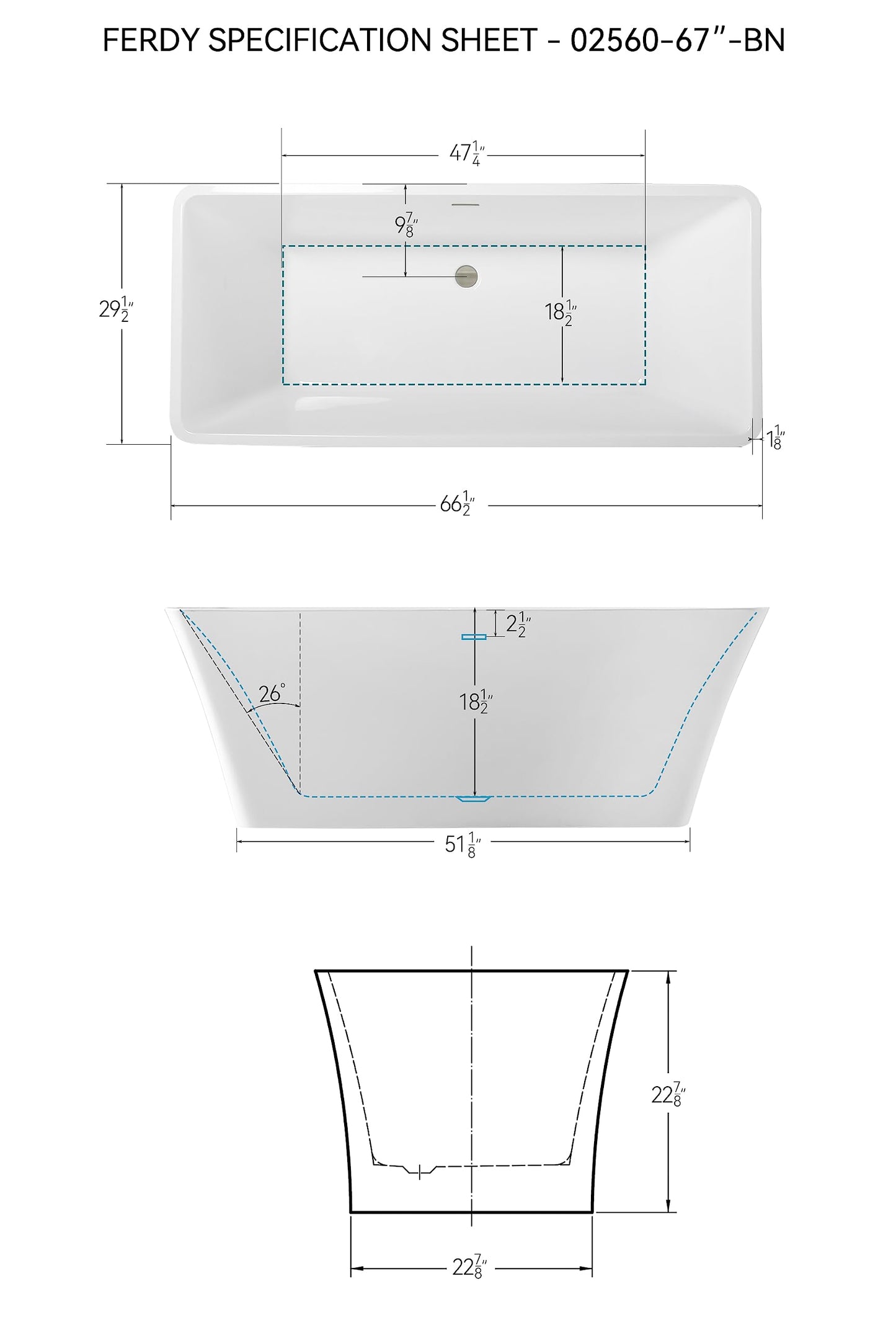 67" FerdY Maui Acrylic Tub