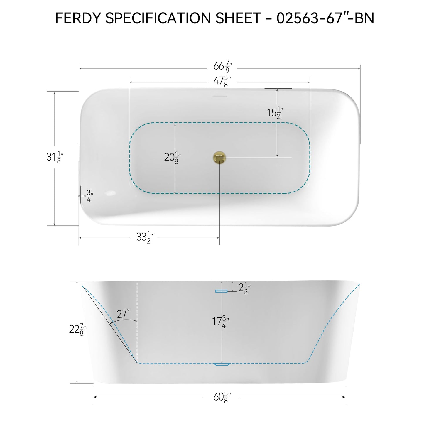 67" FerdY Maui Acrylic Tub