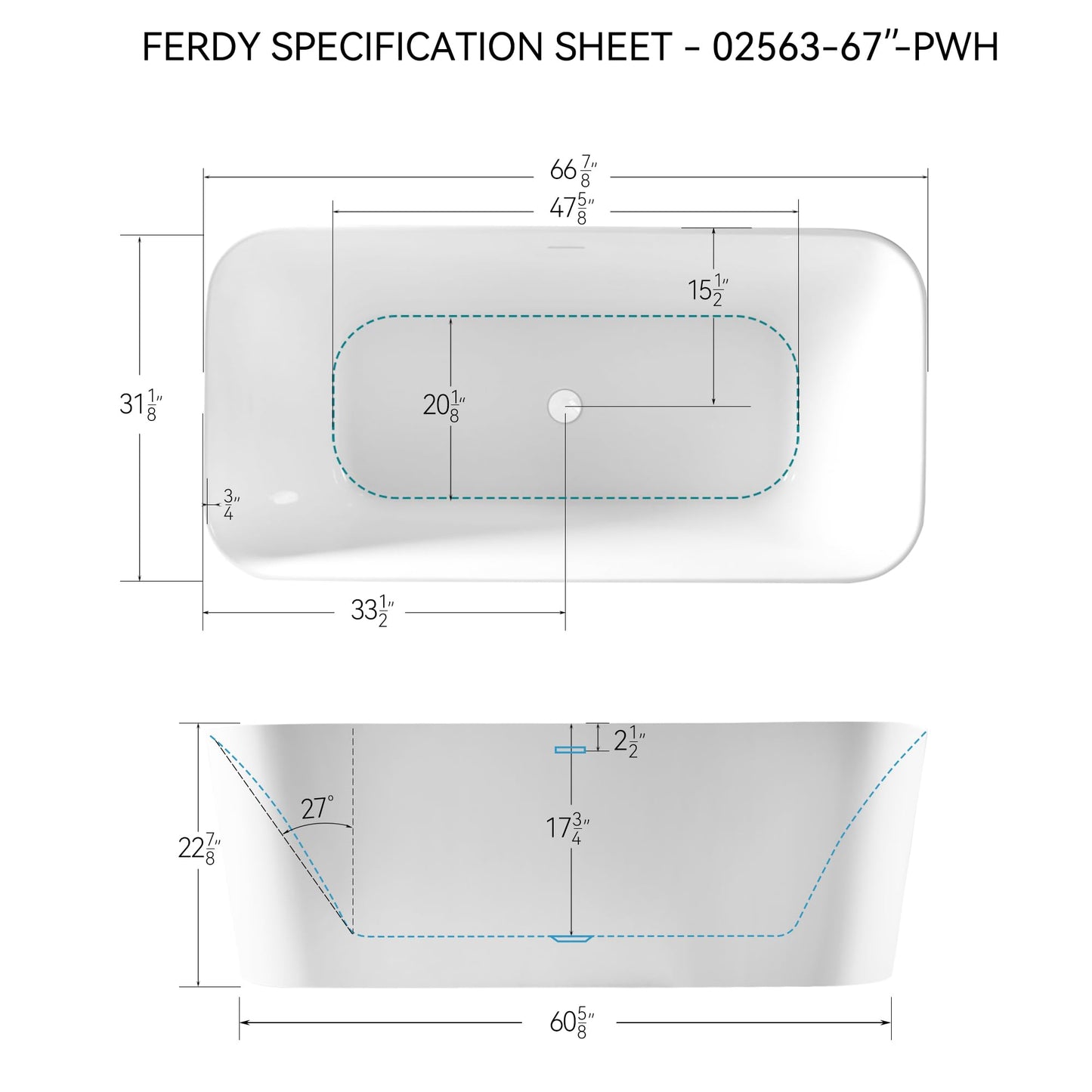 67" FerdY Maui Acrylic Tub