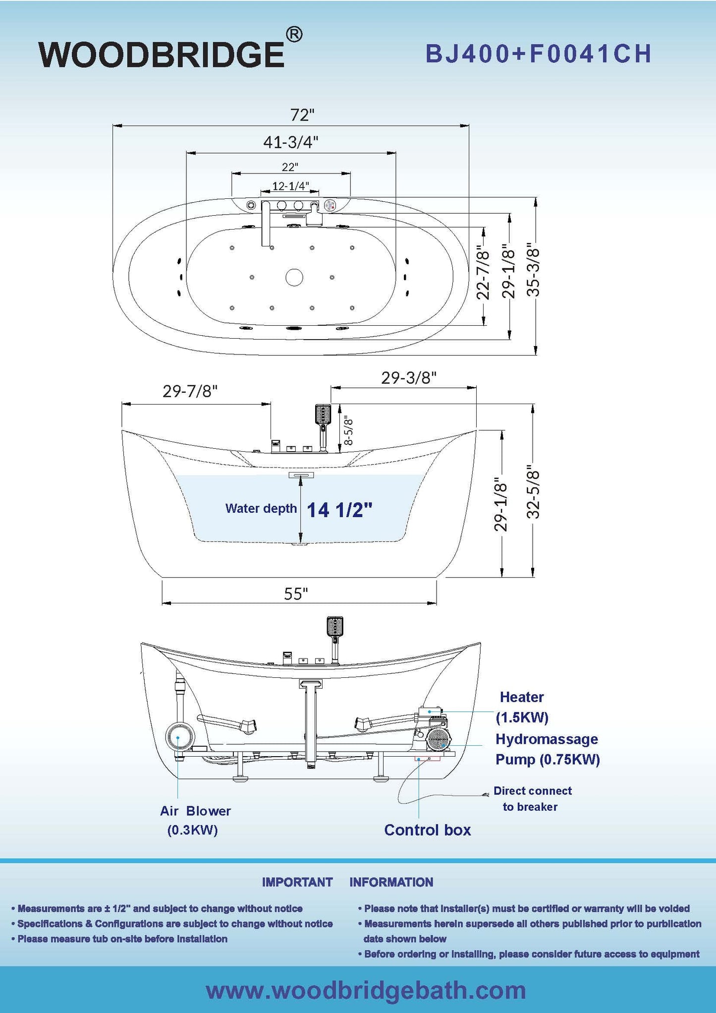 72" WOODBRIDGE Whirlpool Tub