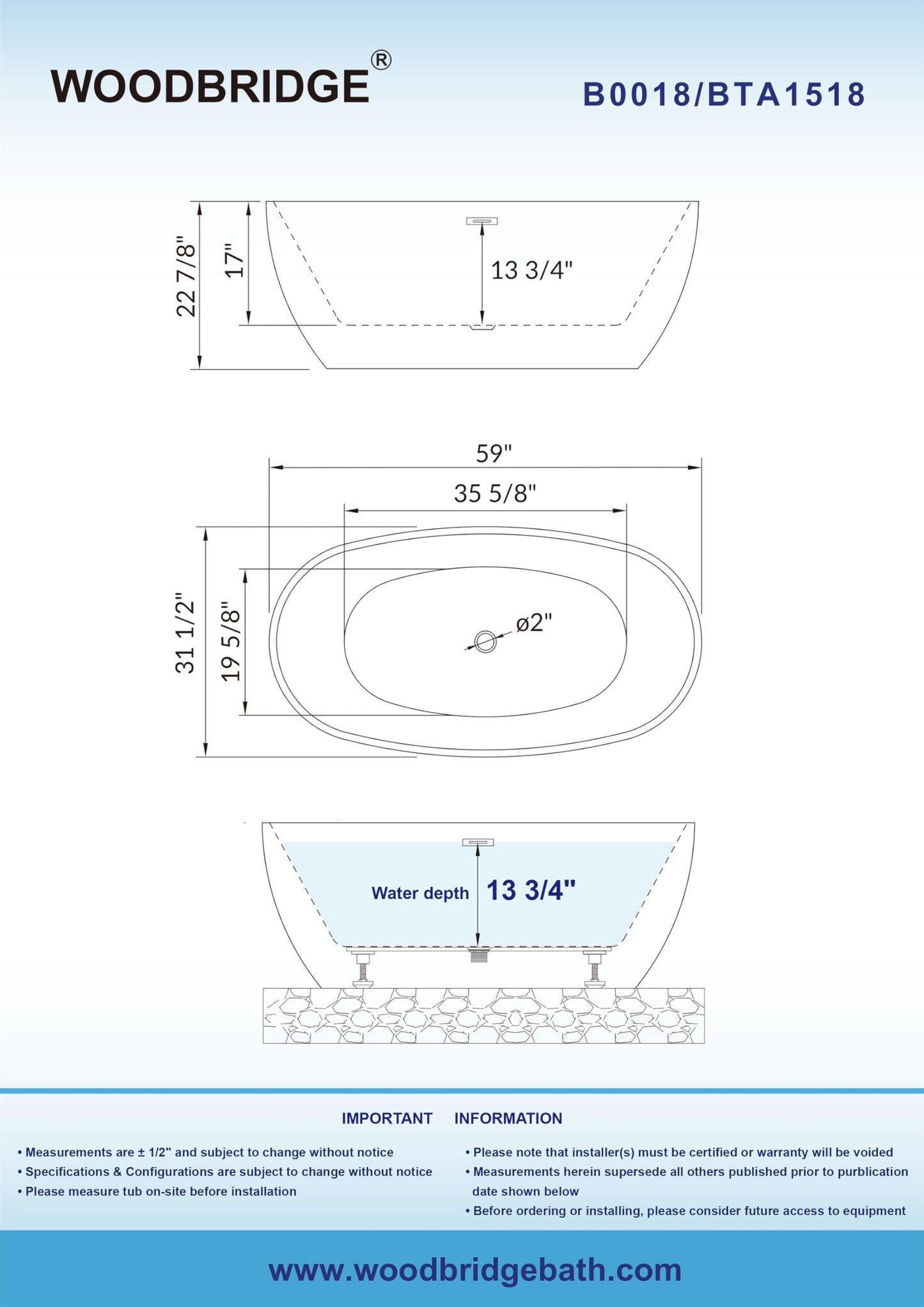 59" WOODBRIDGE Tub - White