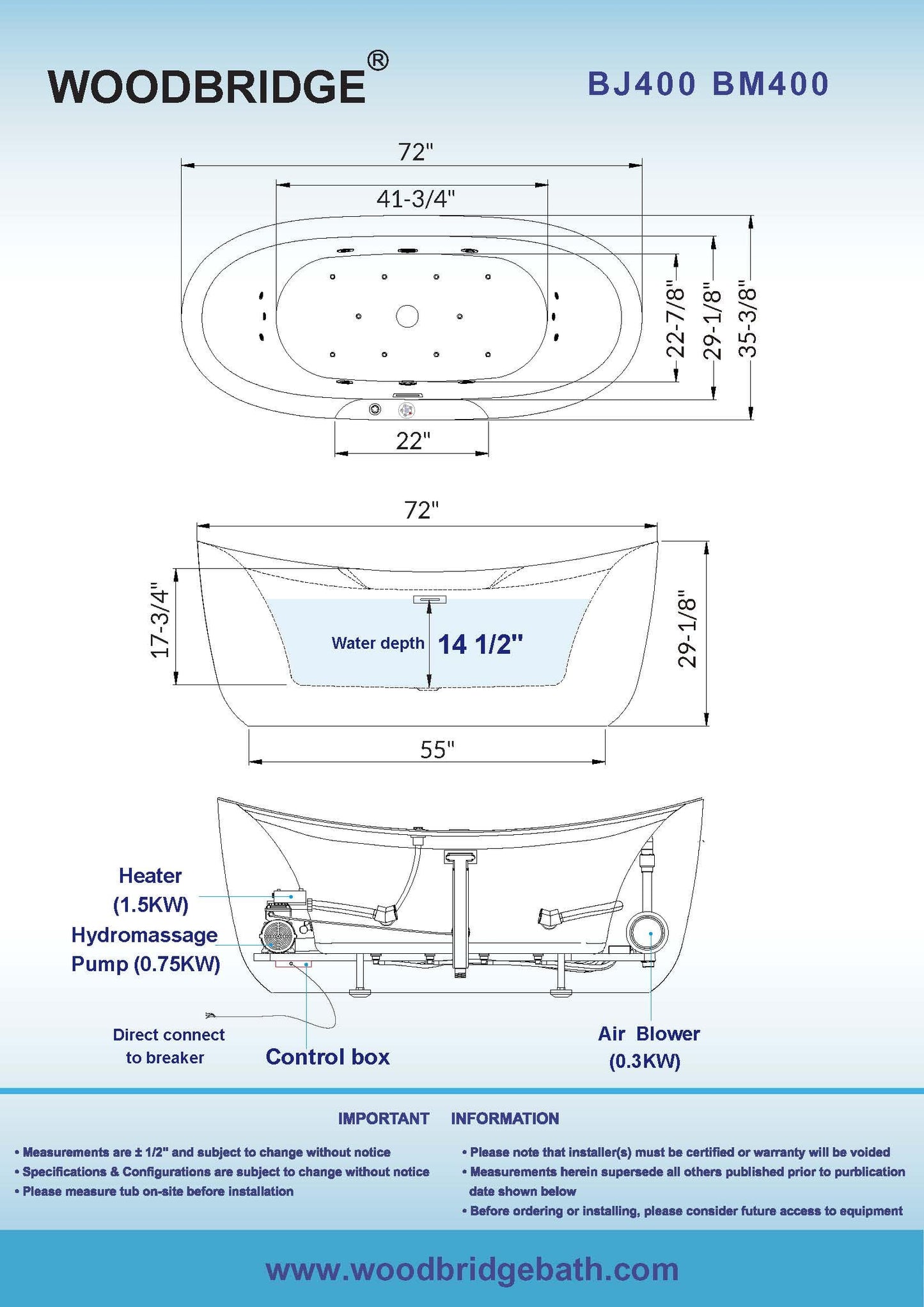 72" WOODBRIDGE Whirlpool Tub