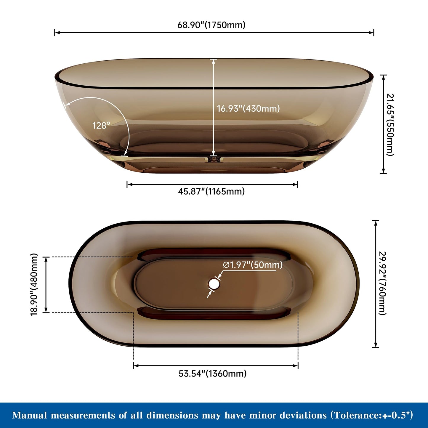 65" Solid Surface Tub - Cream