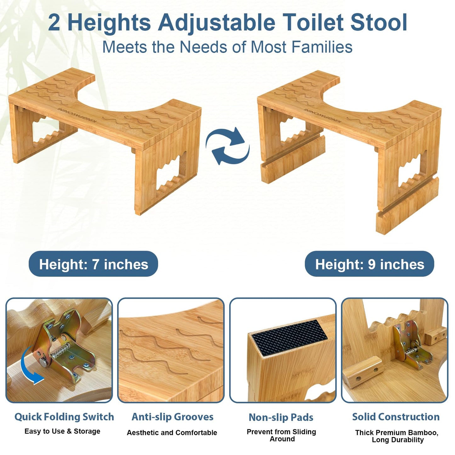 Adjustable Bamboo Toilet Stool – 7"/9"