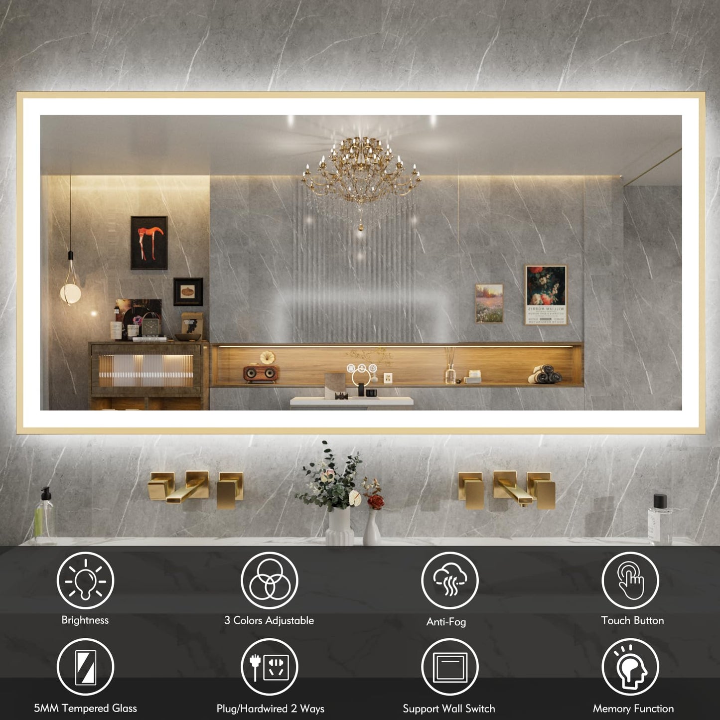 72x32 Gold LED Bathroom Mirror
