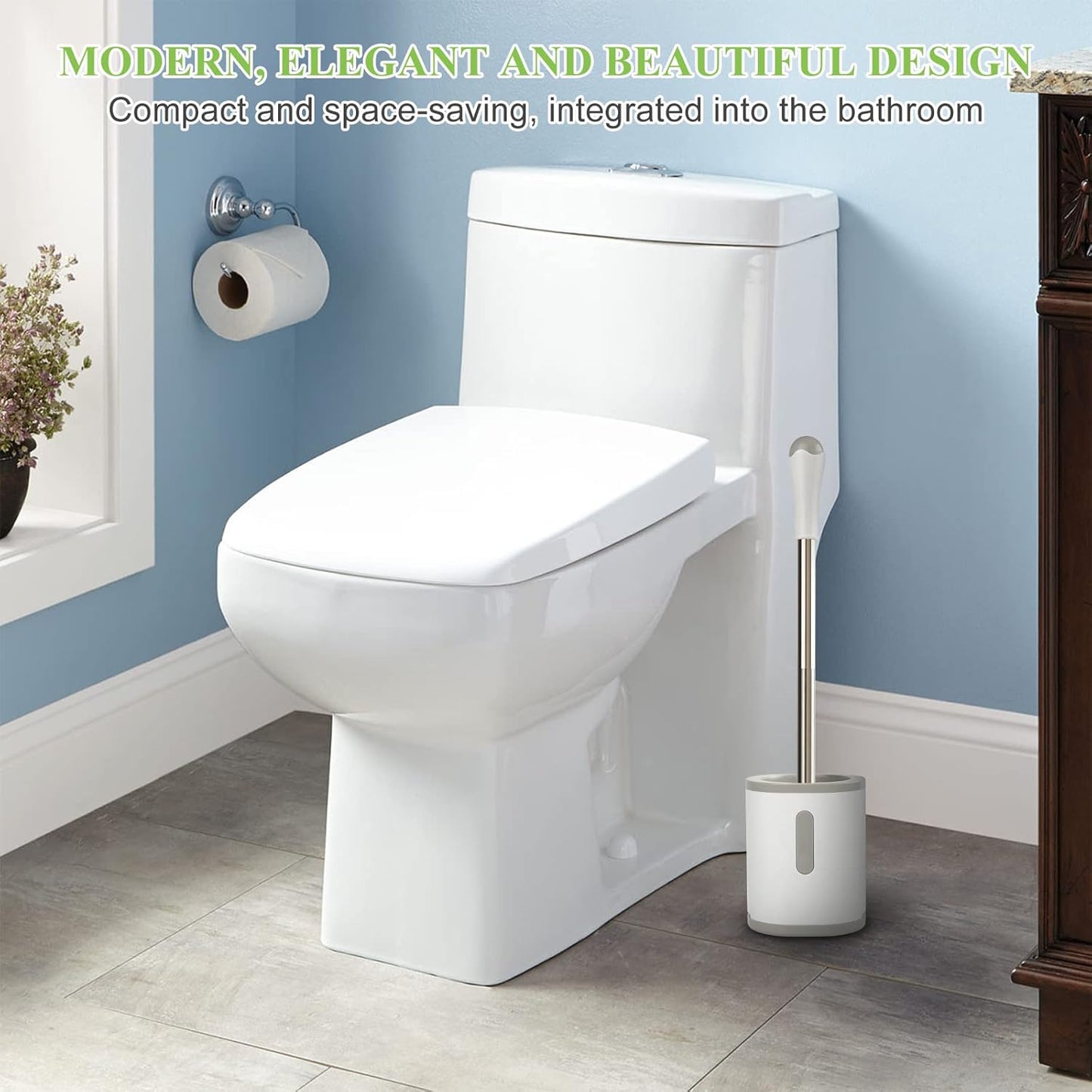 Compact Toilet Brush & Holder, White & Grey
