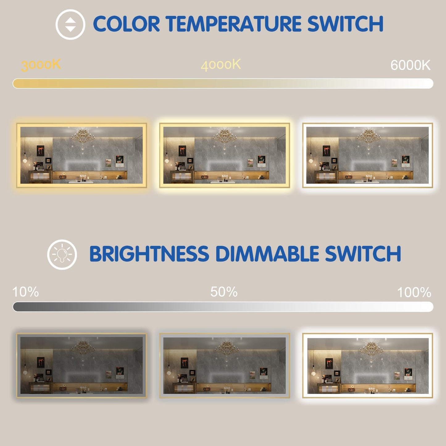 72x32 Gold LED Bathroom Mirror