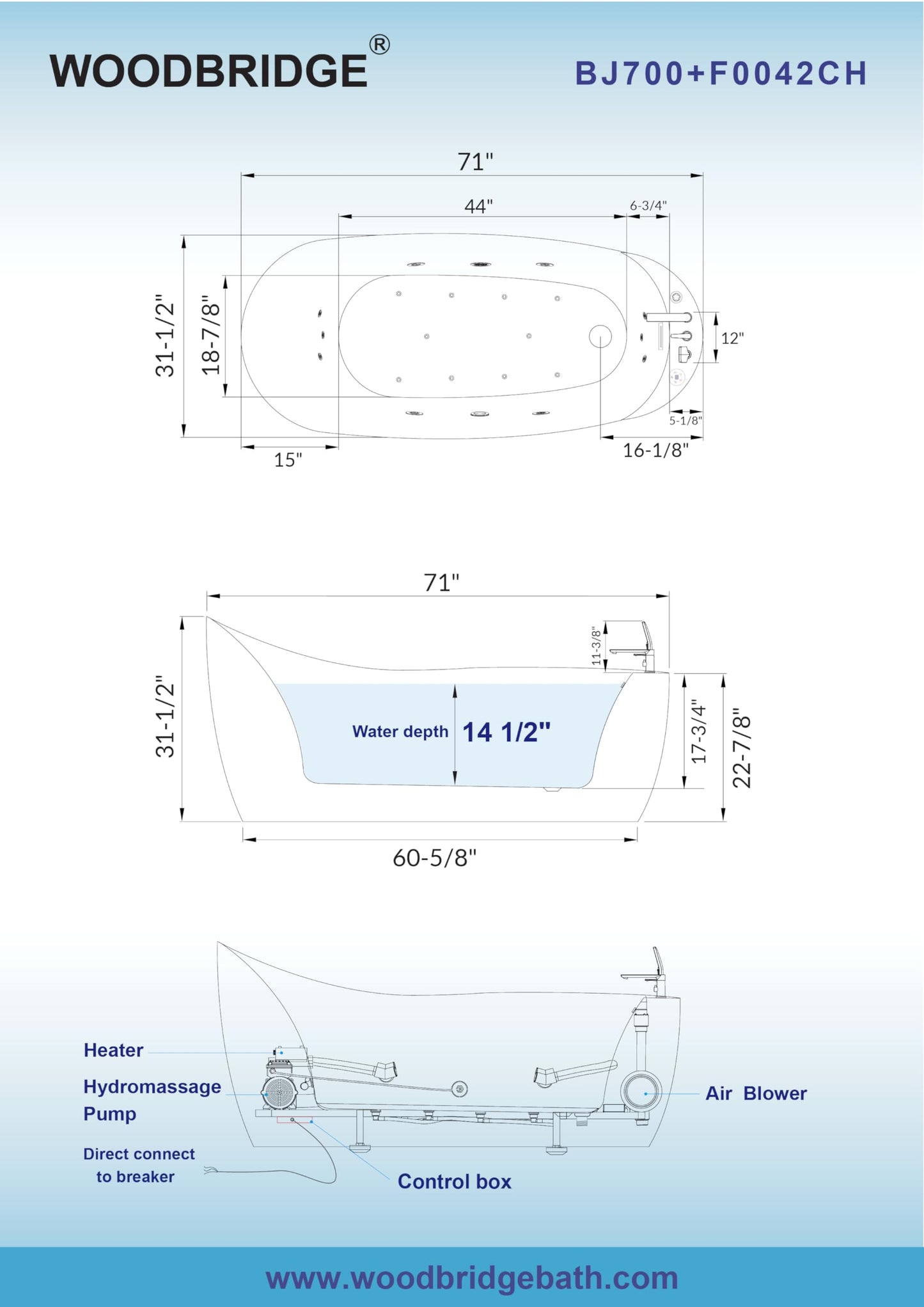 72" WOODBRIDGE Whirlpool Tub