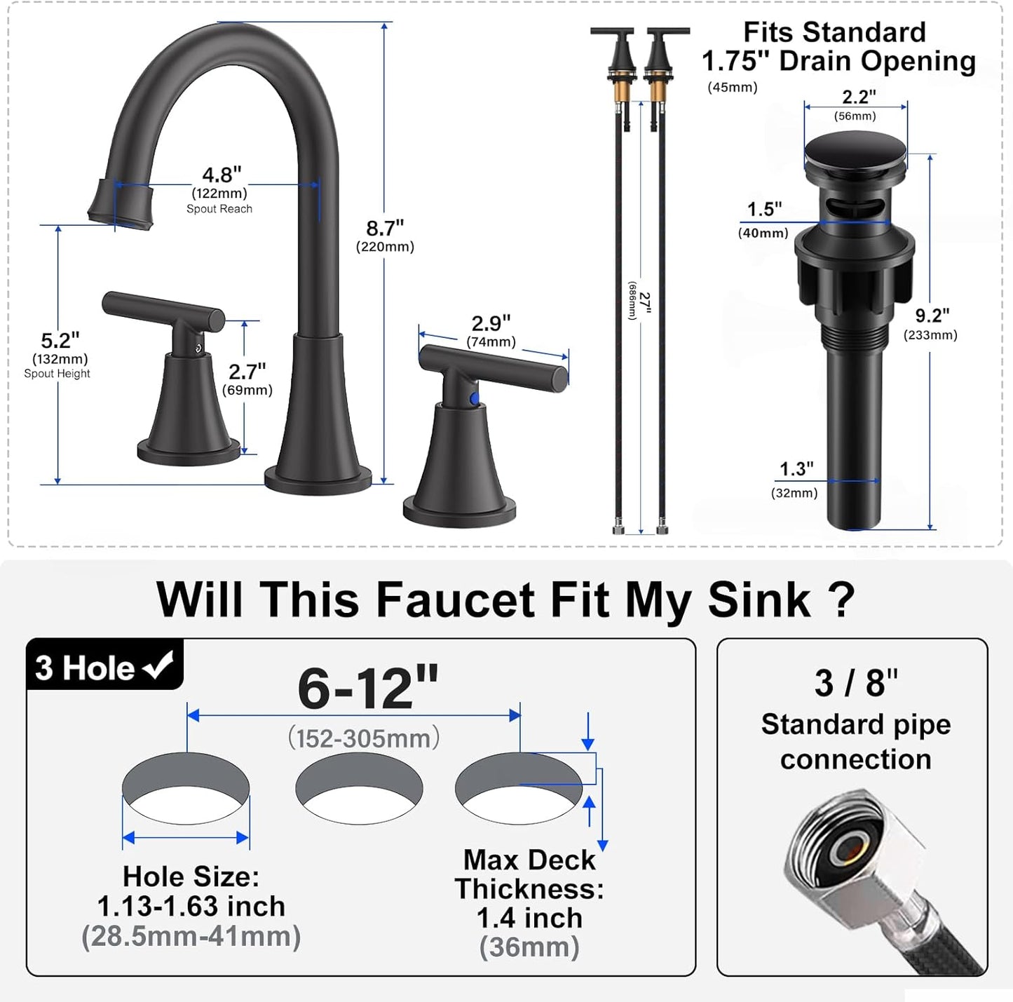 Hurran Matte Black Bathroom Faucet