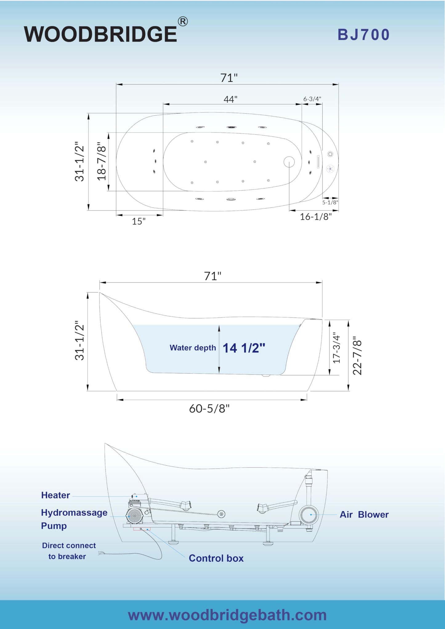 72" WOODBRIDGE Whirlpool Tub