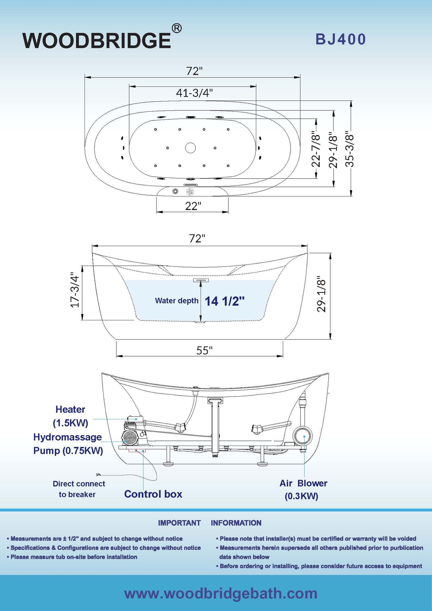 72" WOODBRIDGE Whirlpool Tub