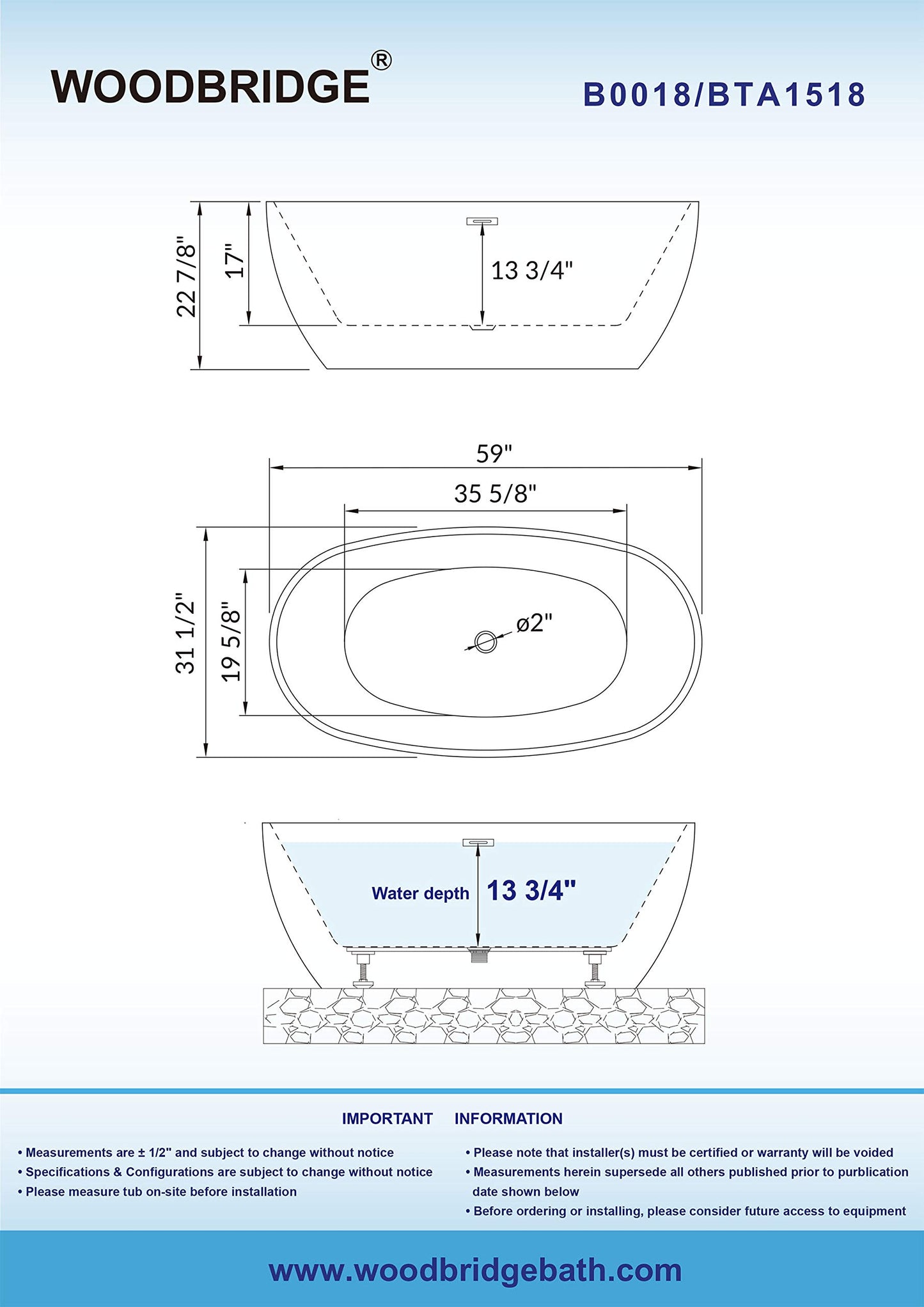 59" WOODBRIDGE Tub - White